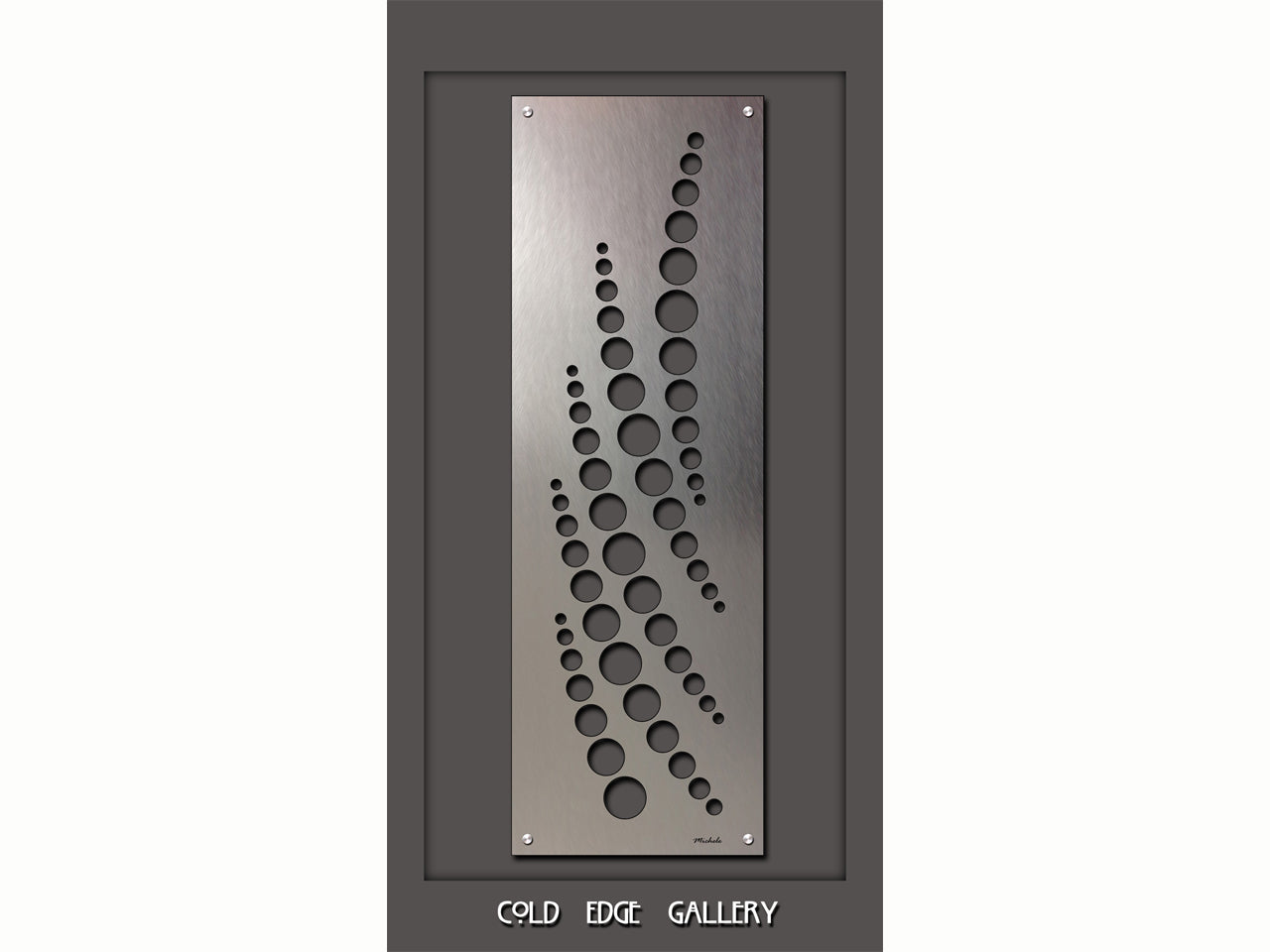 A rectangular metal panel with an abstract design of variously sized holes and curves, displayed on a dark background with the text "COLD EDGE GALLERY" at the bottom.