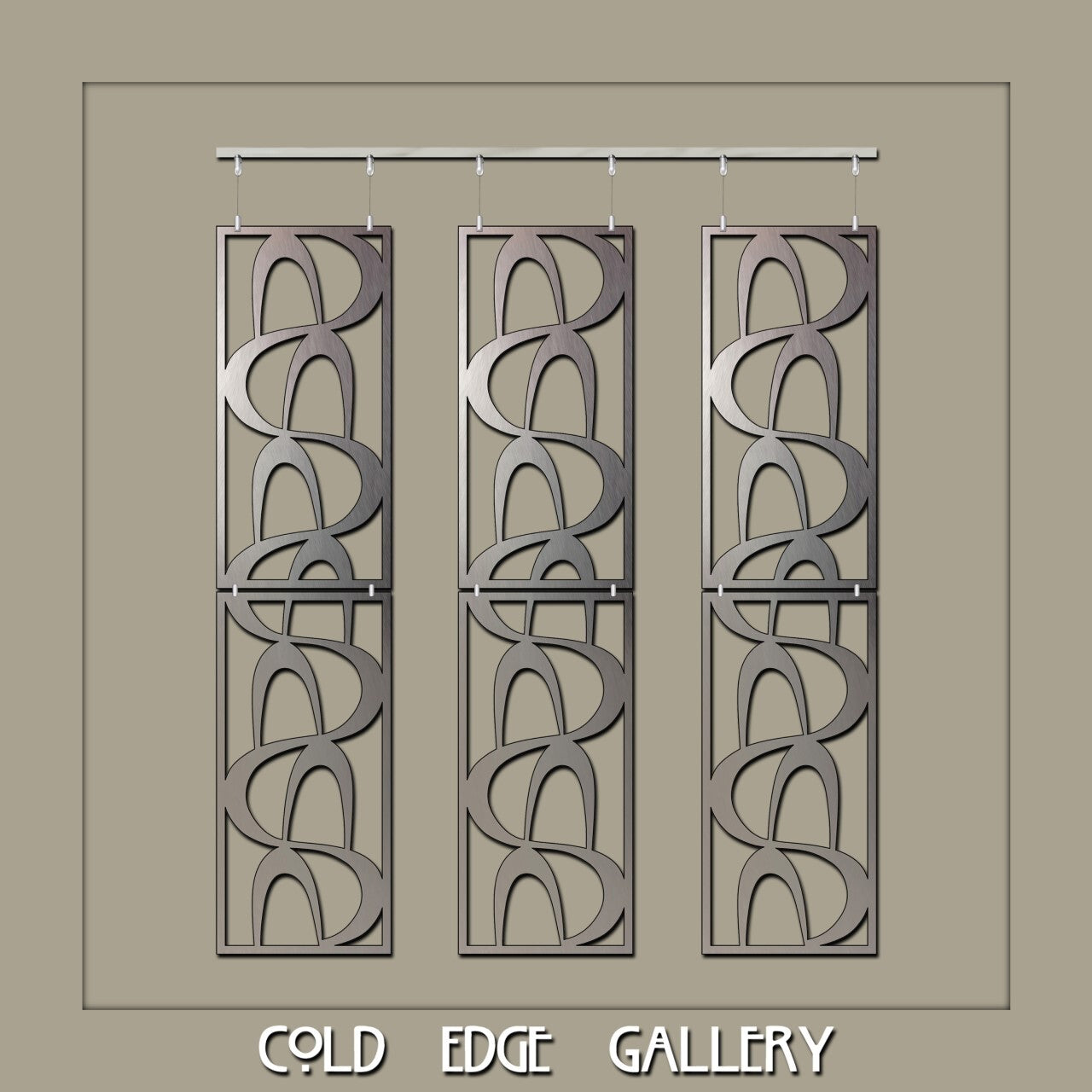 Three vertically aligned, decorative metal panels with abstract patterns are displayed against a light background with the text "Cold Edge Gallery" at the bottom.