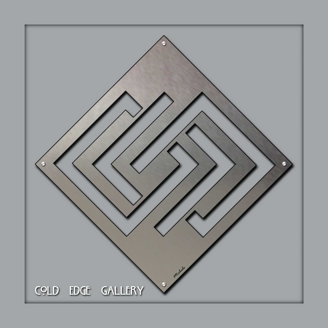 A square metallic artwork with an intricate geometric cut-out design is mounted on a gray background. The bottom left corner features the text "Cold Edge Gallery," showcasing custom craftsmanship.