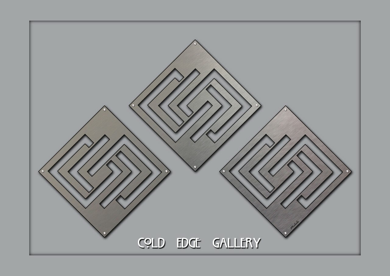 Three metal square panels with maze-like designs arranged in a diagonal line on a gray background. Text at the bottom reads "COLD EDGE GALLERY.