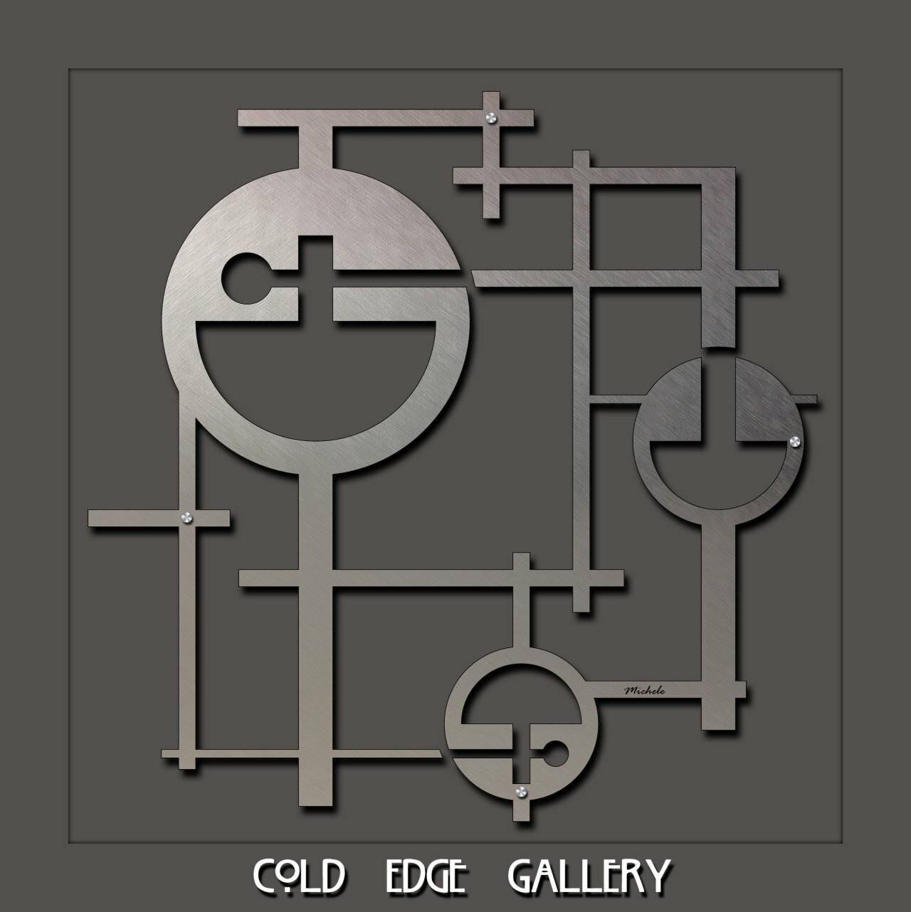 A custom geometric metal wall sculpture with intersecting circles and lines, displayed on a grey background. Signed by "Michelle" in the bottom right, it's labeled at the bottom with "Cold Edge Gallery.