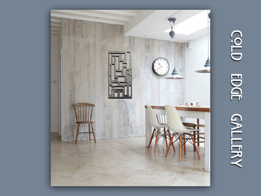 Minimalist dining area with a wooden table, white chairs, a clock on the wall, and contemporary art. Neutral tones and natural light create a serene atmosphere. Cold Edge Gallery text on the right.