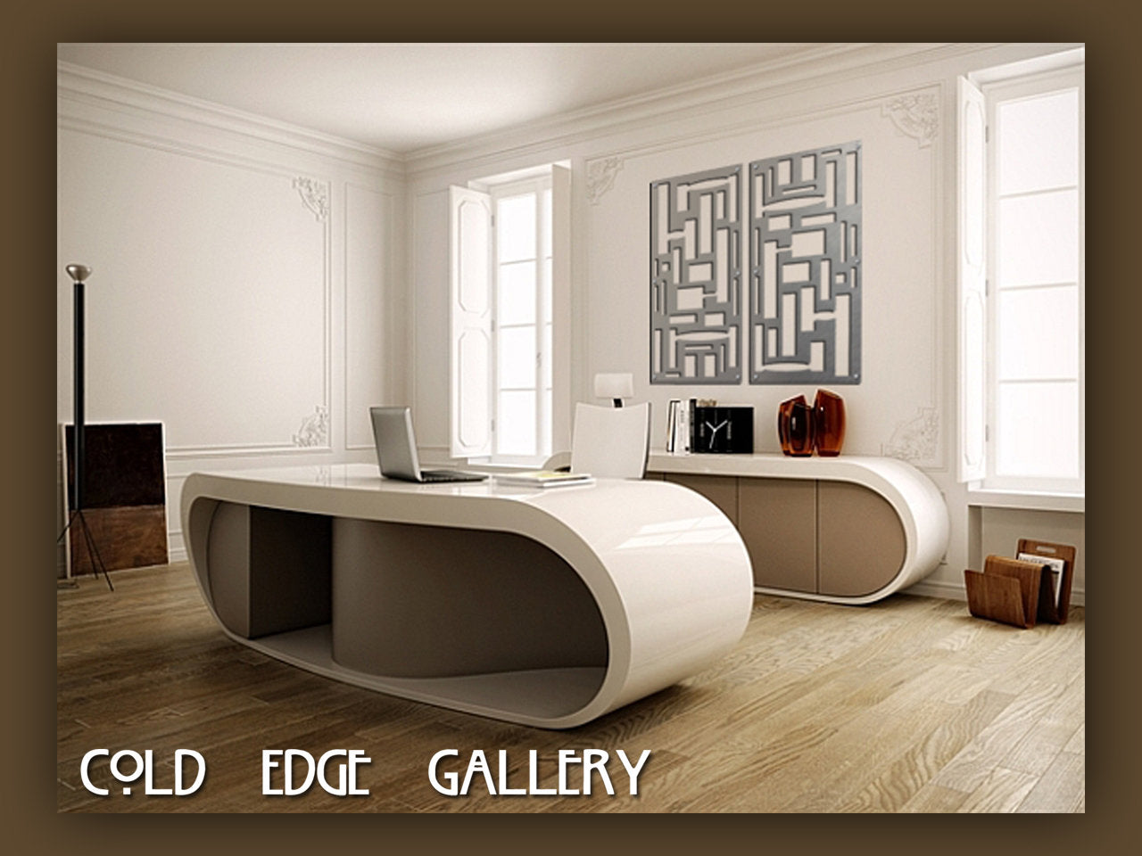 Geometric metal artwork with custom rectangular and square cut-outs is displayed on a light beige background. The sign on the right reads "COLD EDGE GALLERY.