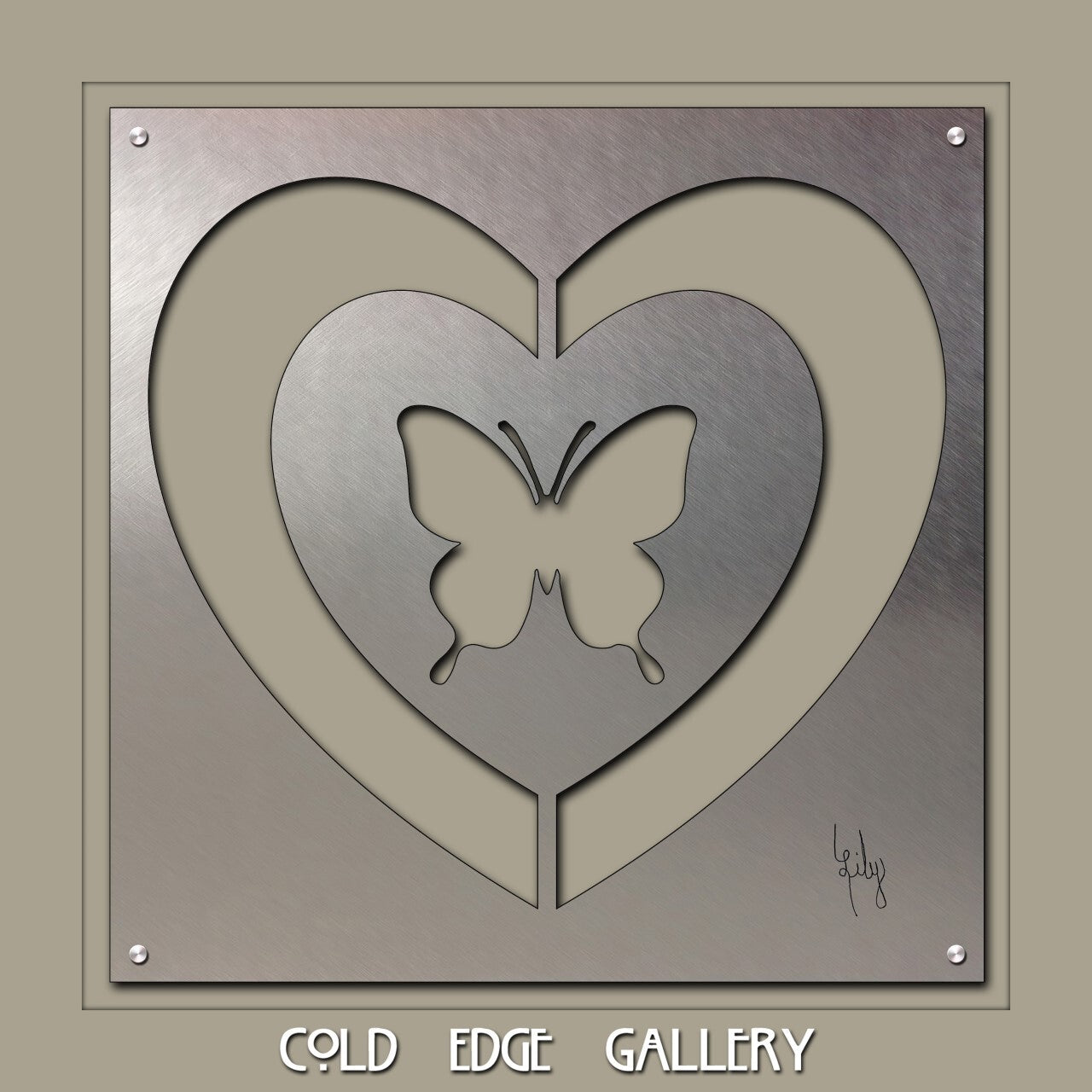 A metallic artwork featuring a cutout of a butterfly within a heart shape. The piece is displayed at the Cold Edge Gallery.