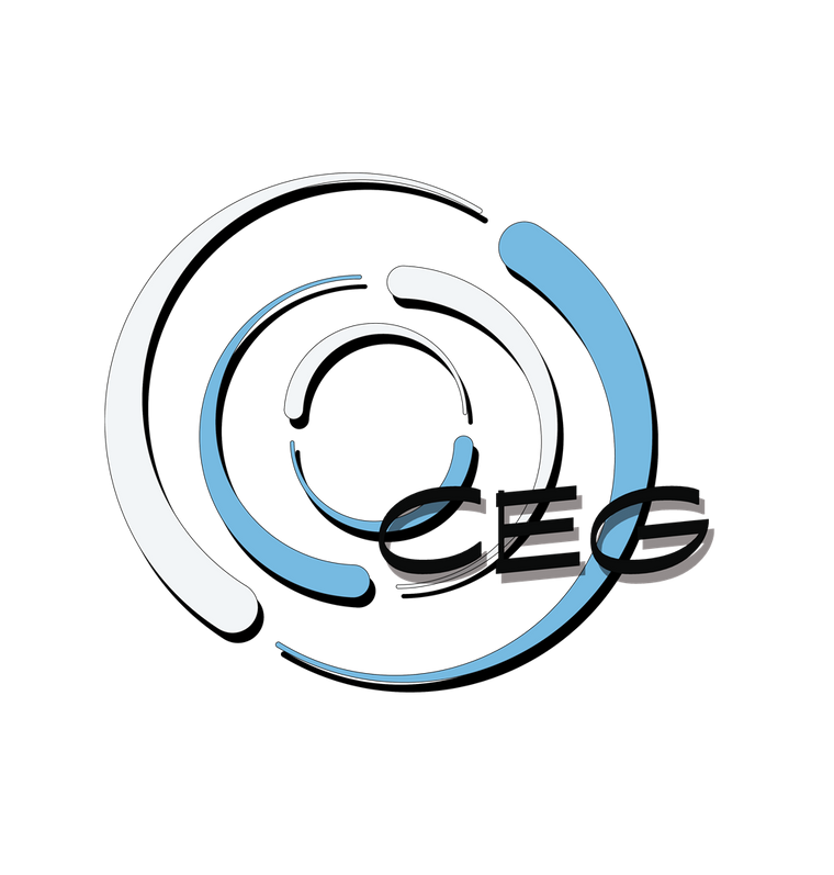 A modern logo design featuring concentric circles and arcs in shades of white and blue on a black background. The letters "CEG" are prominently displayed in a stylized font over the circles, suggesting a dynamic and innovative brand identity.