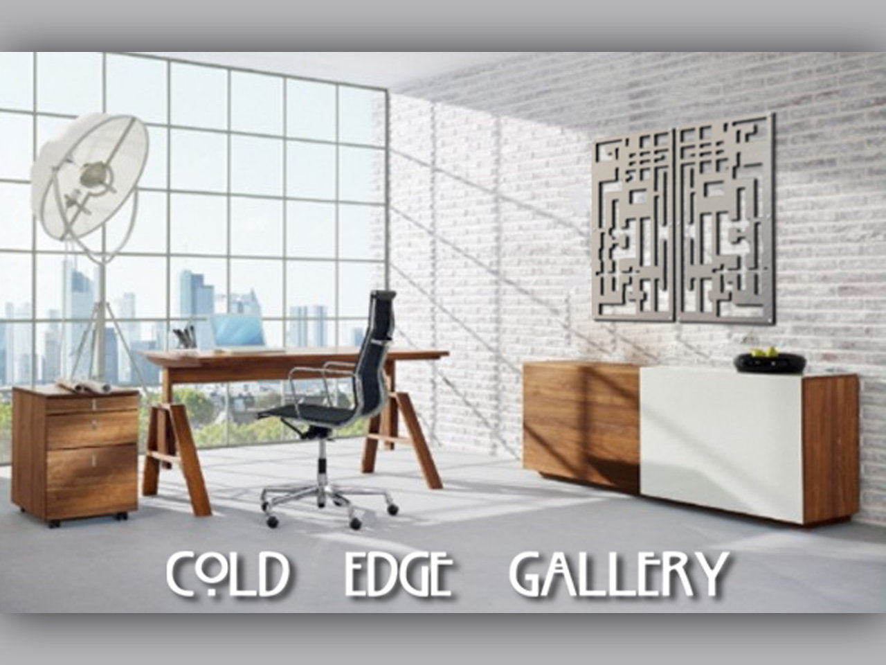 Modern office space featuring a wooden desk with a black chair, a large lamp, cabinets, and a wall artwork. The room has large windows with a cityscape view. "Cold Edge Gallery" text at the bottom.