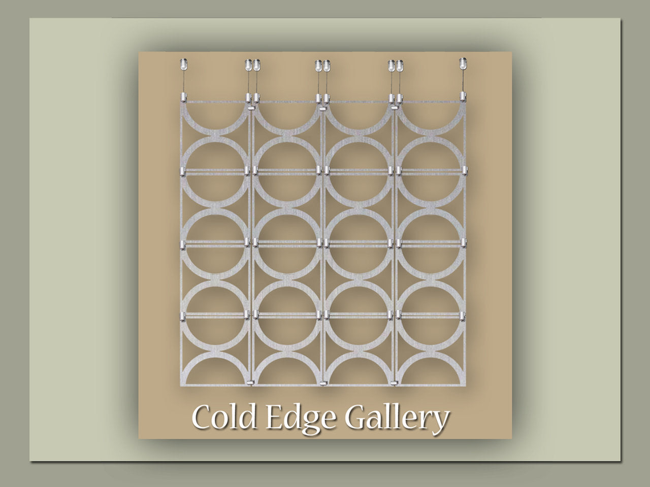 A metallic grid with circular patterns is suspended against a beige backdrop, accompanied by the text "Cold Edge Gallery" at the bottom.