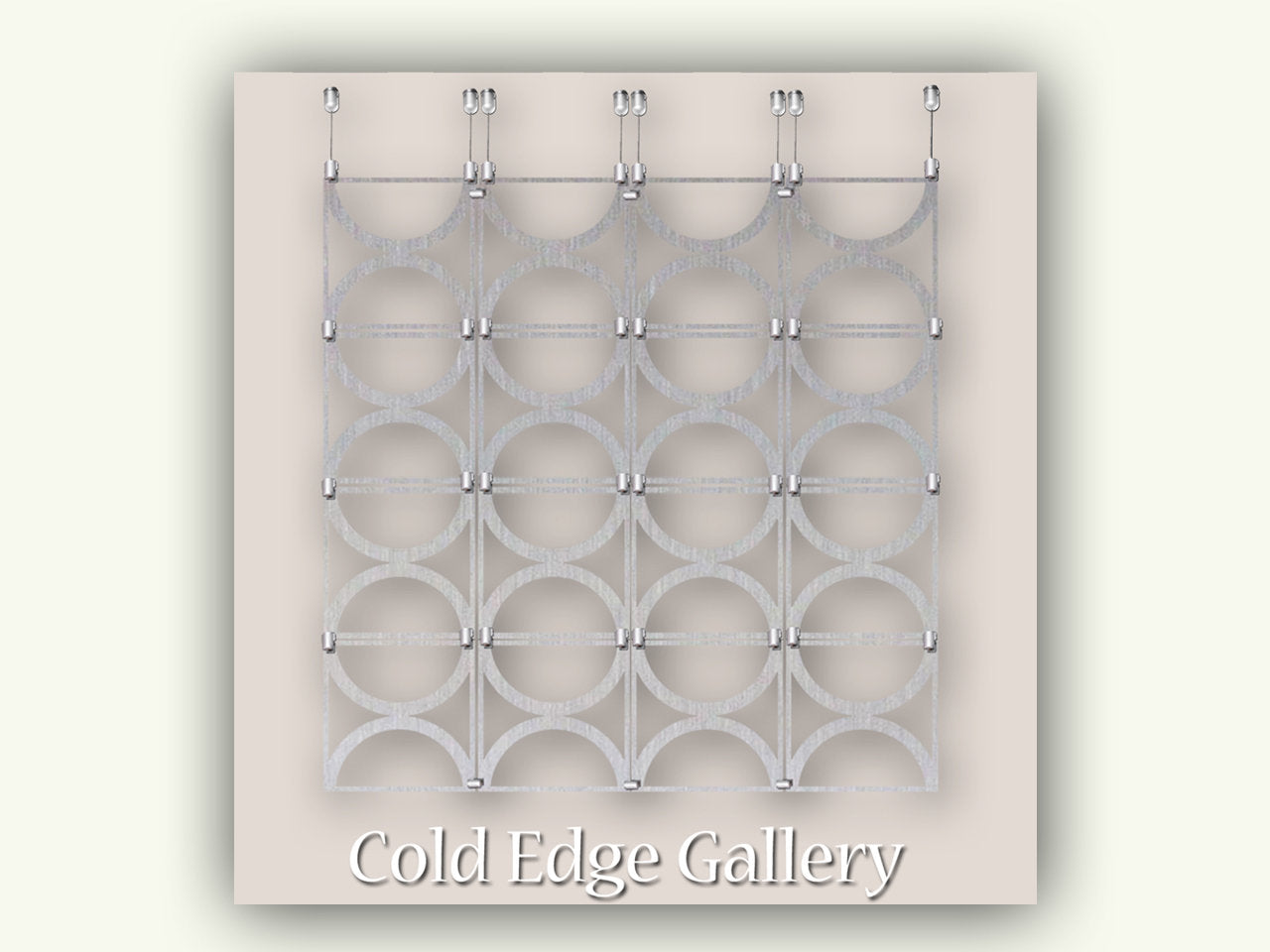 Patterns of interlocking silver circles forming a rectangular metal grid against a light background with "Cold Edge Gallery" written at the bottom.