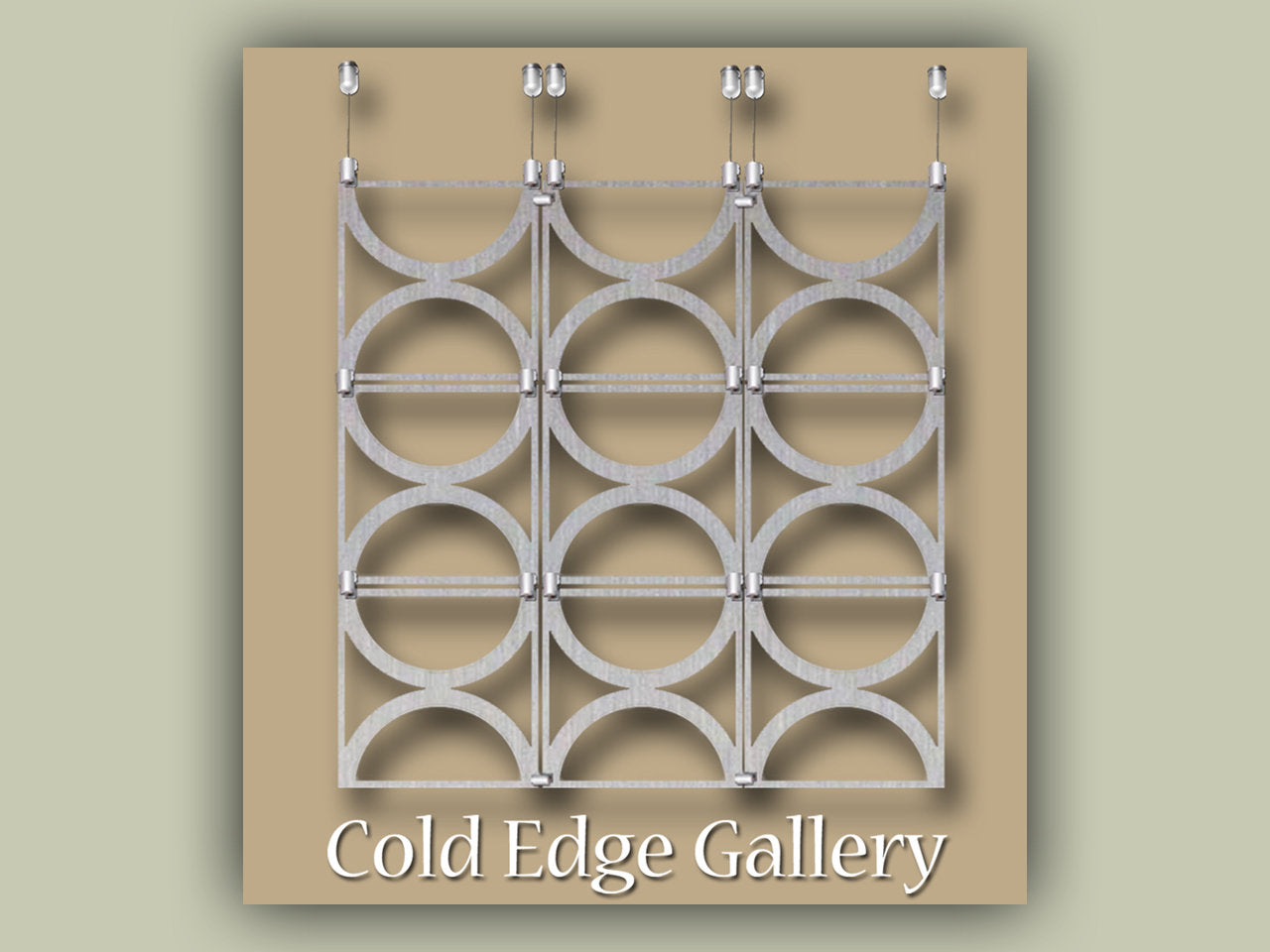 A metal wall art piece with a grid of interconnected circular segments, displayed on a neutral background. The text "Cold Edge Gallery" is at the bottom.