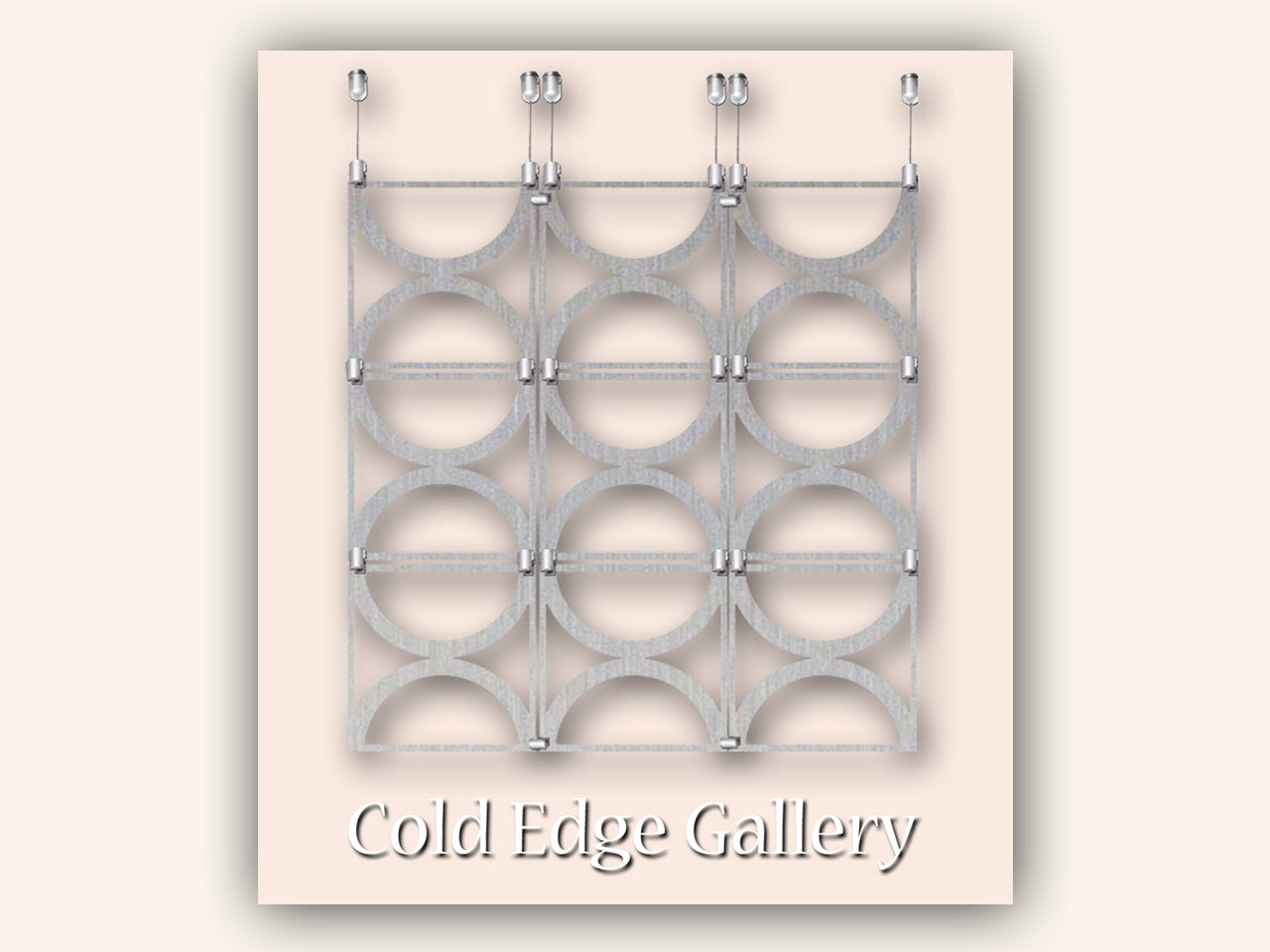 An arrangement of nine metallic rings in a 3x3 grid, each secured with metal clamps on a wall. The text "Cold Edge Gallery" is displayed at the bottom.