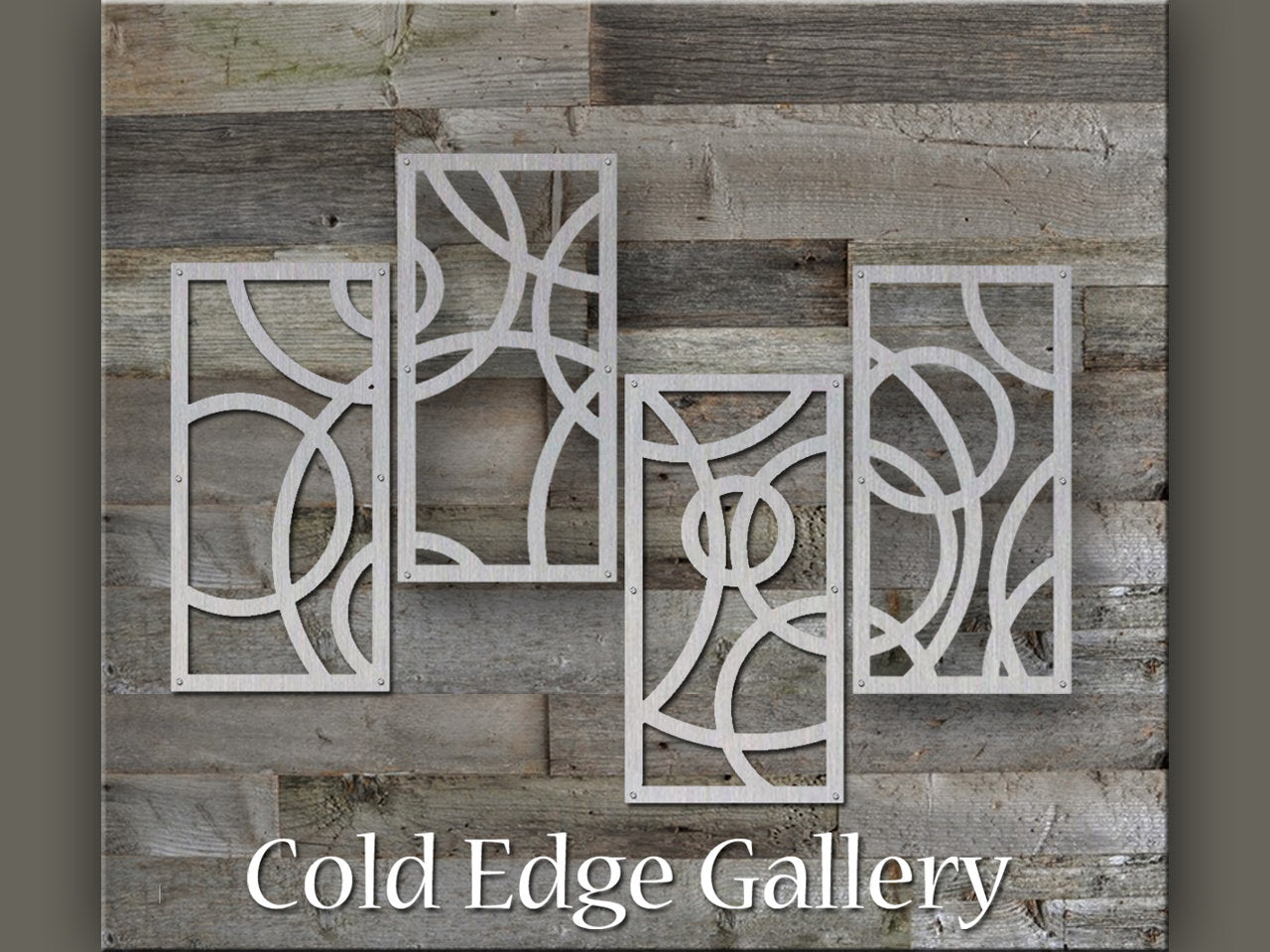 A wall art piece featuring four rectangular metal panels with abstract circular patterns mounted on a textured wooden background. Text at the bottom reads "Cold Edge Gallery.