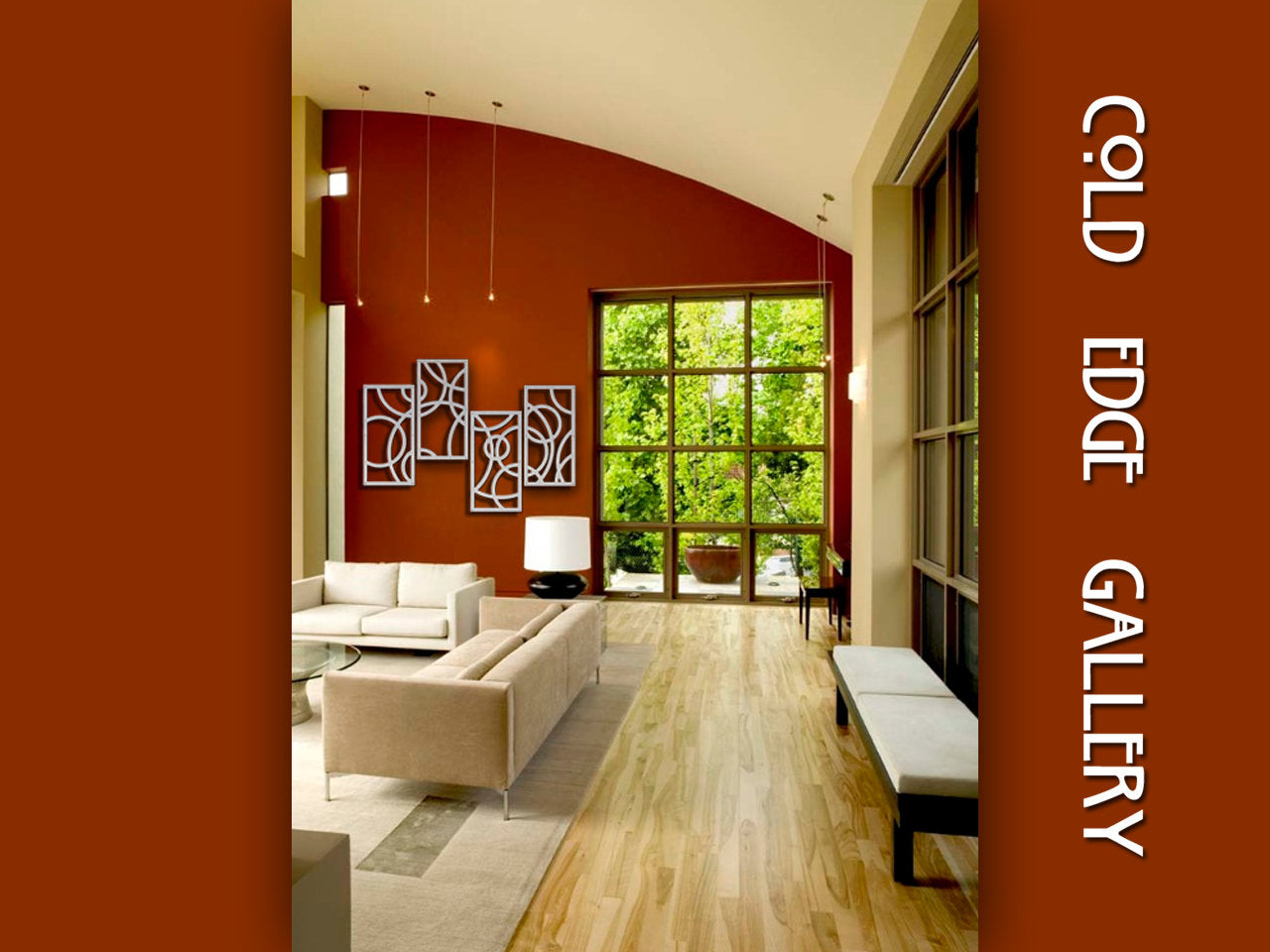 A modern interior of an art gallery with large windows, geometric wall art, minimalist furniture, and wooden floors. Text on the right side reads "Cold Edge Gallery.