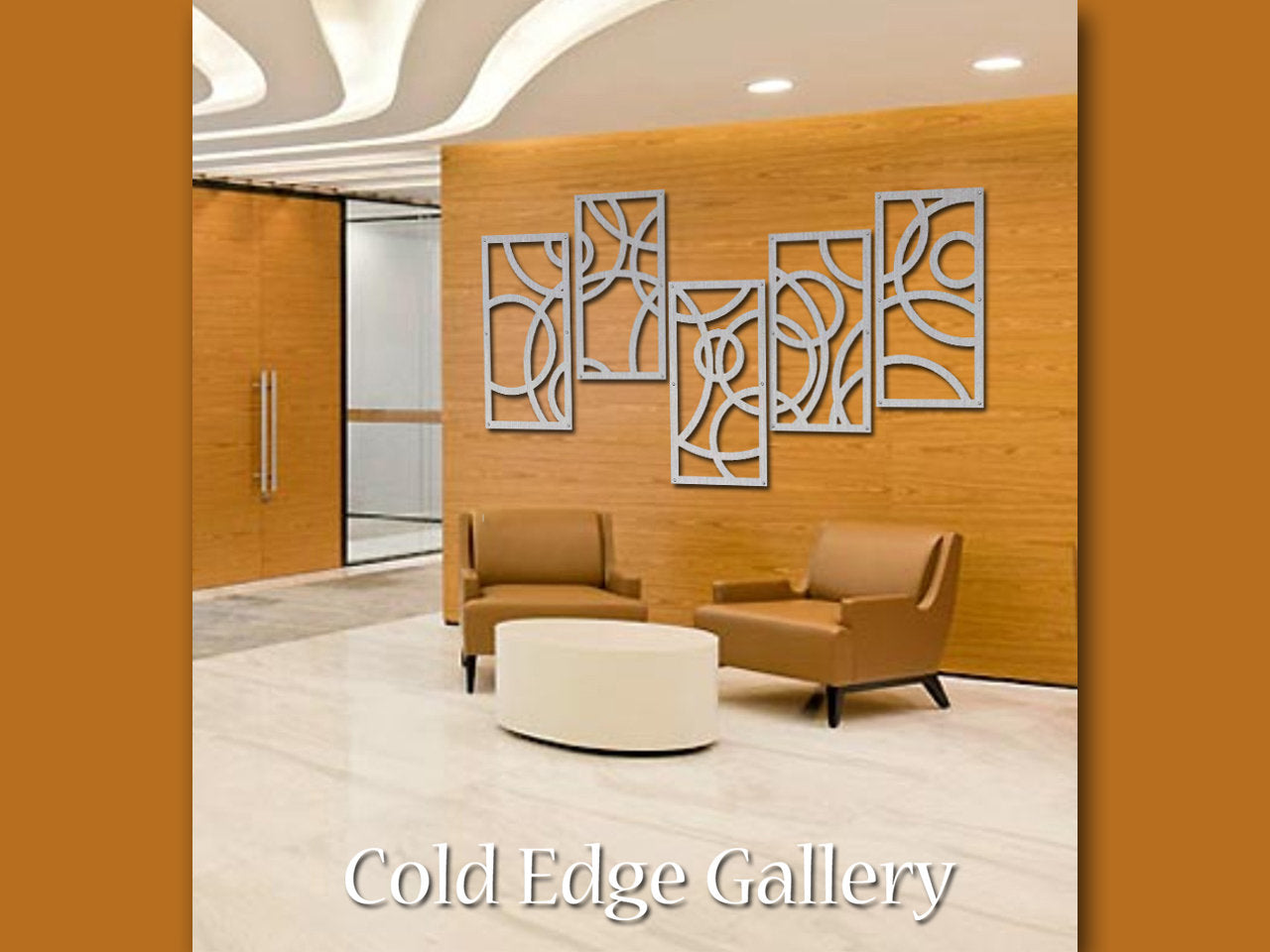 A minimalist gallery lobby featuring two brown chairs, a white round table, and abstract wall art on a wooden panel. A glass door and ceiling lights are in the background. Text reads "Cold Edge Gallery.