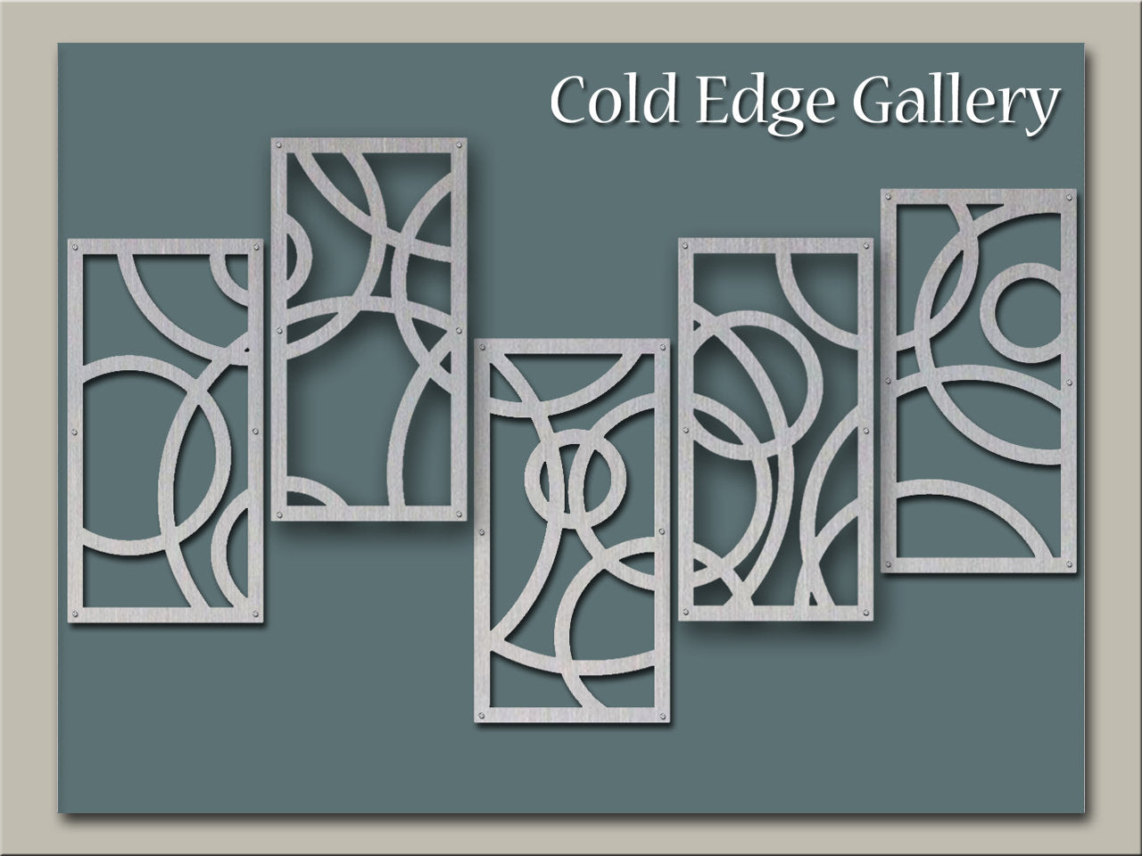 Abstract metal wall art with geometric and circular cutouts against a blue background. The text "Cold Edge Gallery" is in the upper right corner.