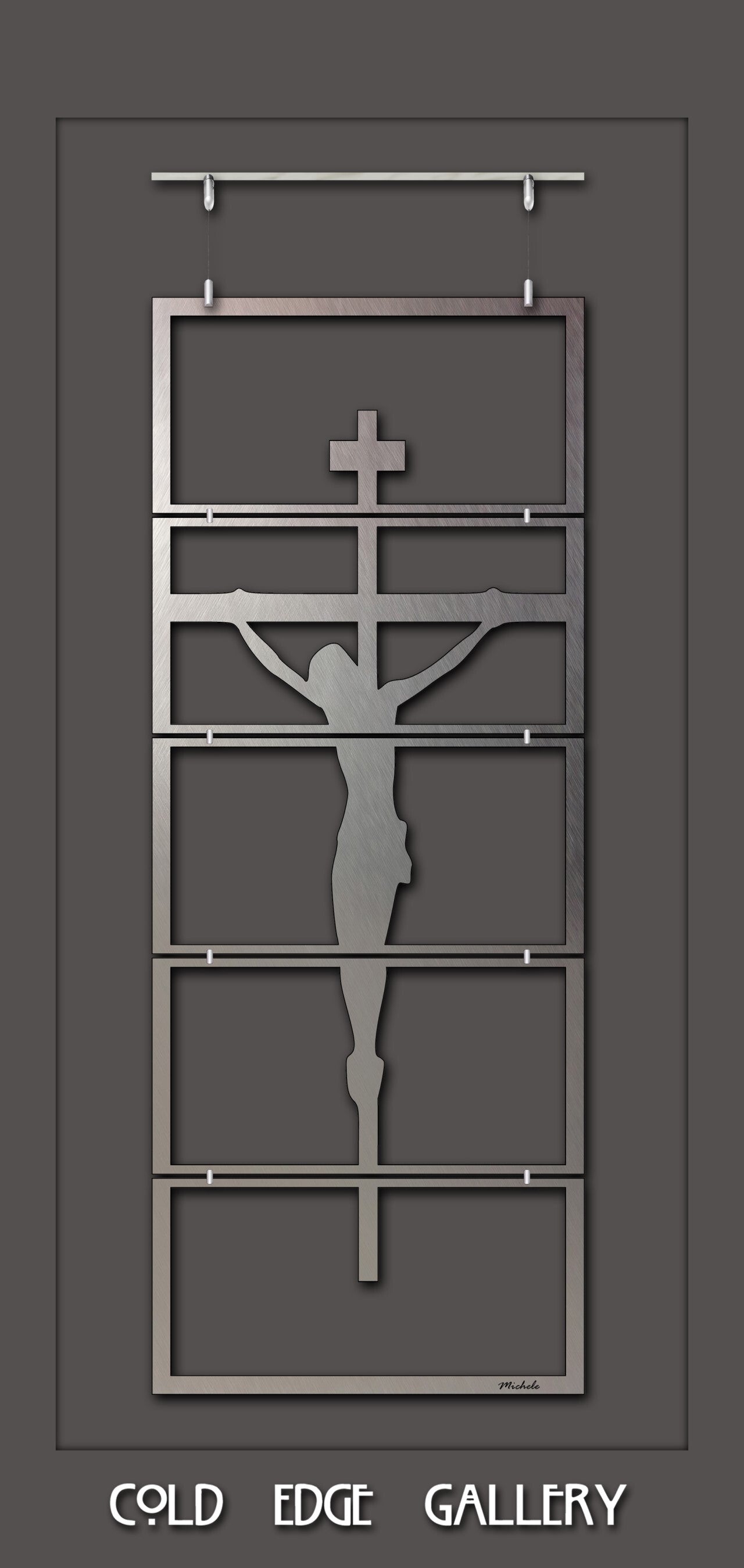 Minimalist artwork depicting a crucifixion scene made of rectangular metal bars, displayed at Cold Edge Gallery.