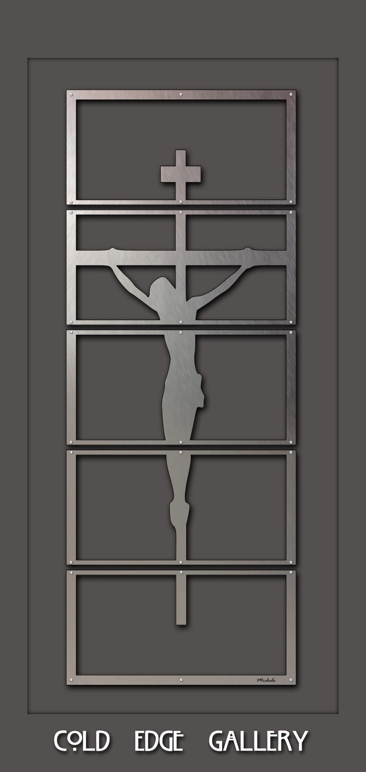 Metal artwork depicting a silhouette of a crucifix on a segmented rectangular panel, displayed inside a frame. Text at the bottom reads "COLD EDGE GALLERY.