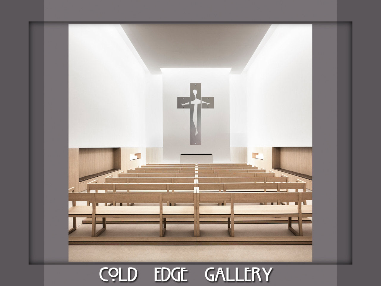 A minimalist chapel interior with wooden pews facing a modern cross design on the wall and "Cold Edge Gallery" text at the bottom.