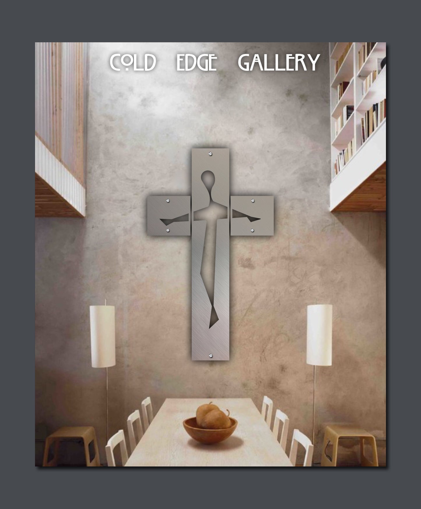 A minimalist metal wall sculpture in the shape of a cross is displayed above a dining table in a modern setting. Text at the top reads "Cold Edge Gallery.