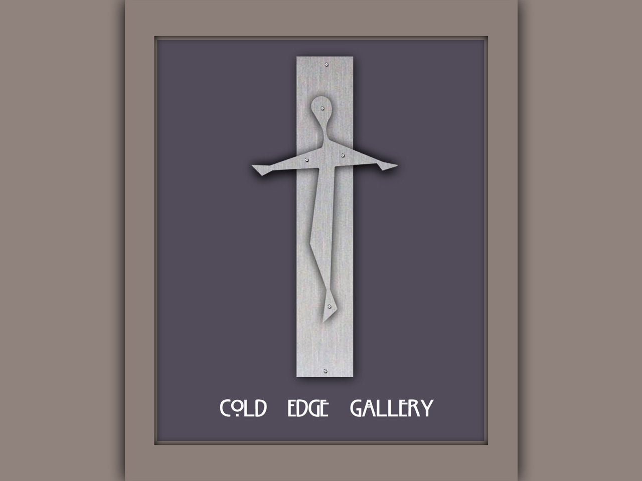 A minimalist metallic sculpture of a human figure mounted on a vertical rectangular plank with the text "Cold Edge Gallery" beneath it on a grey background.