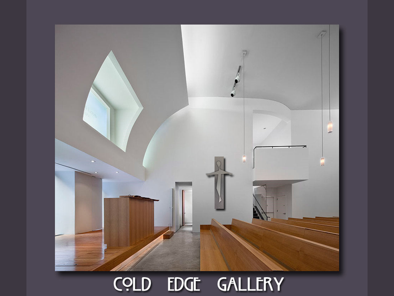 Interior of a modern church with white walls, wooden pews, and a large cross on the wall. The design includes high ceilings and minimalistic lighting fixtures. Text "COLD EDGE GALLERY" displayed below.