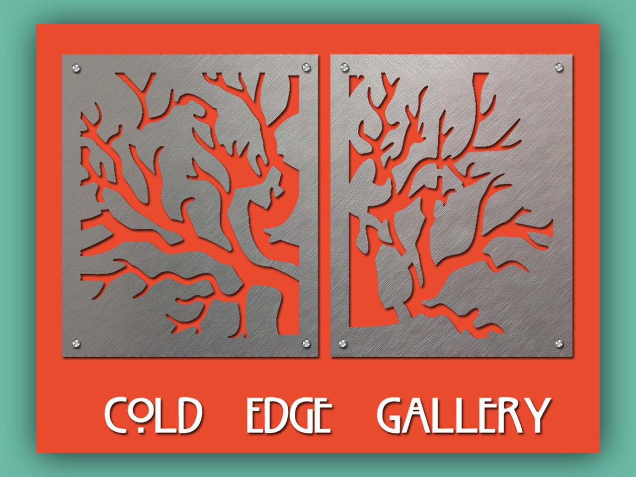 Two metal panels with tree branch cutouts are displayed on an orange background. Below them, the text "COLD EDGE GALLERY" is written in a stylized font.