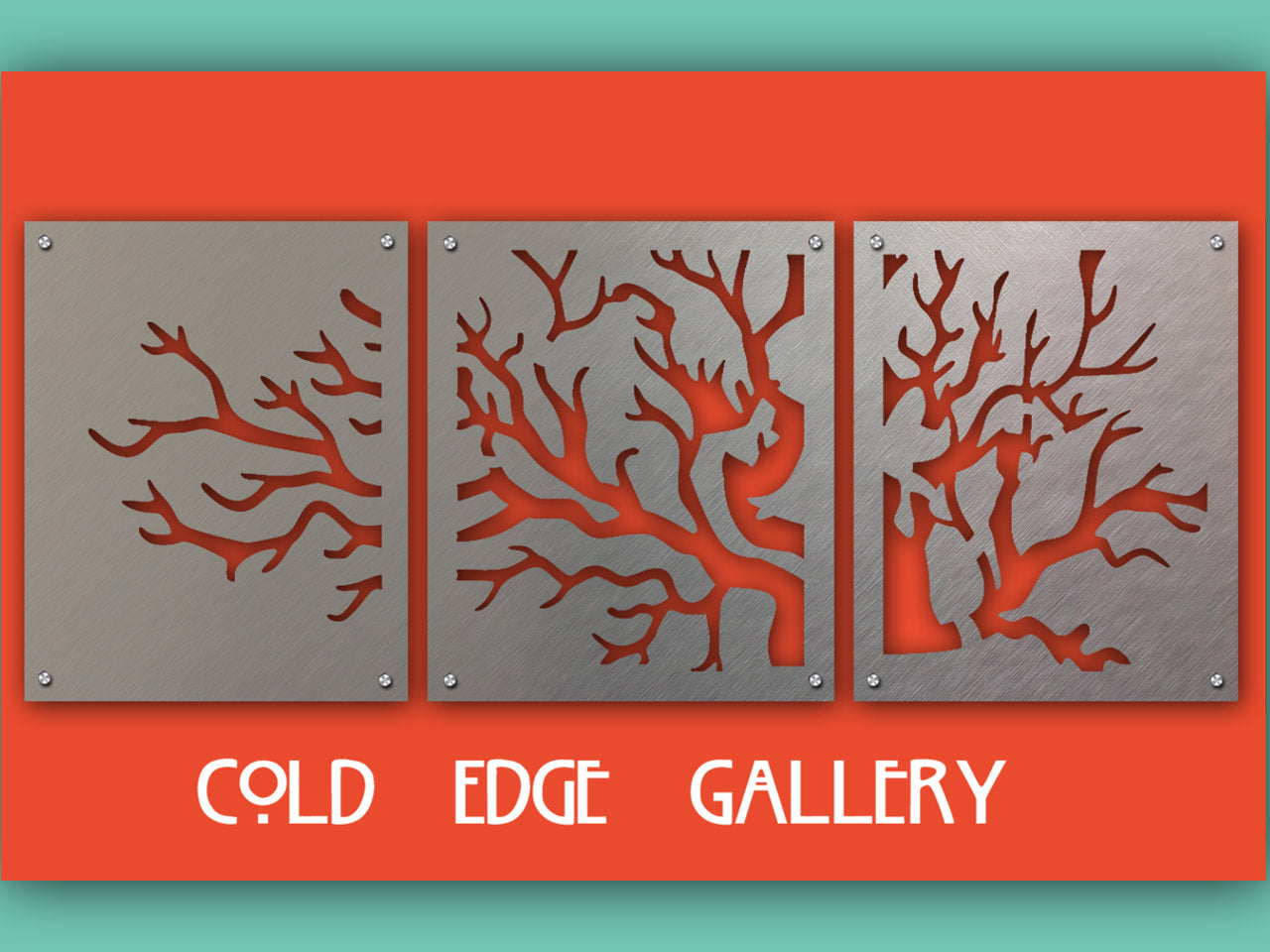 Three metal panels with tree branch cutouts on an orange background, labeled "Cold Edge Gallery" in stylized text at the bottom.