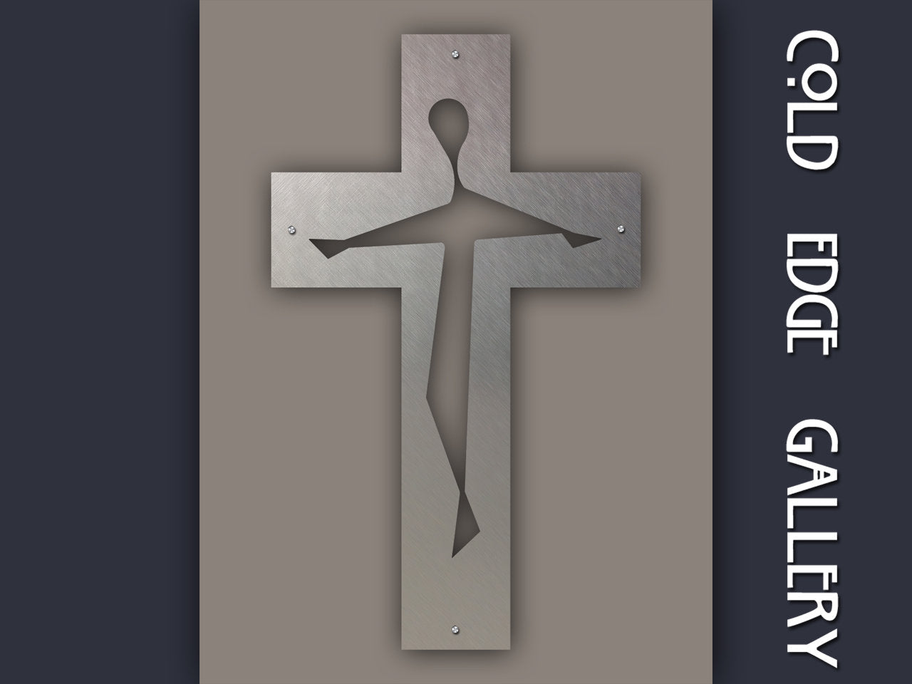 Metal cross artwork with stylized human cutout, mounted on a gray background. "COLD EDGE GALLERY" is written vertically on the right side.