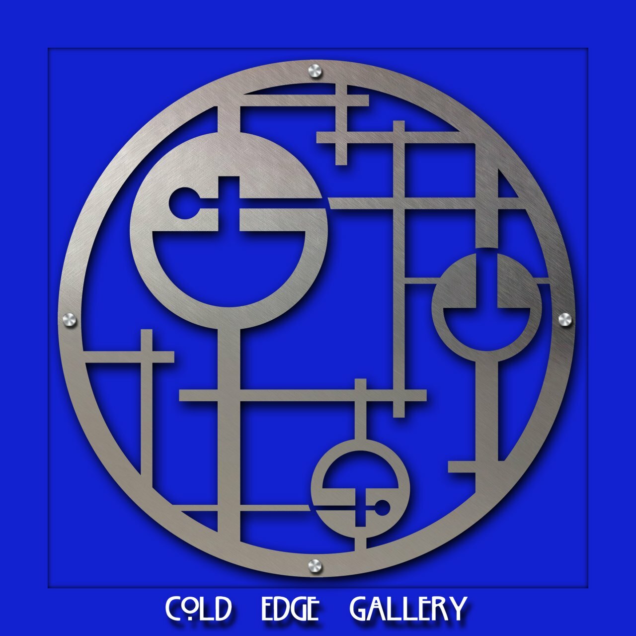 A custom metal geometric artwork featuring circles and intersecting lines on a blue background, displayed with the text "Cold Edge Gallery" below.