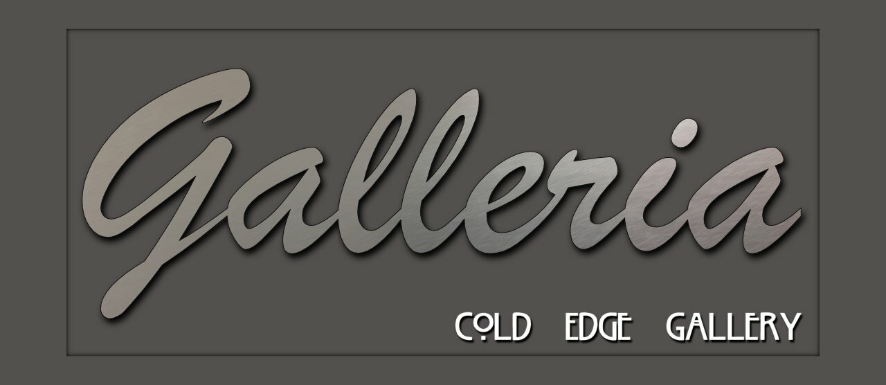 A custom metal sign reads "Galleria" in cursive with "Cold Edge Gallery" in smaller block letters below it, both on a dark background, adding an artistic touch to the space.