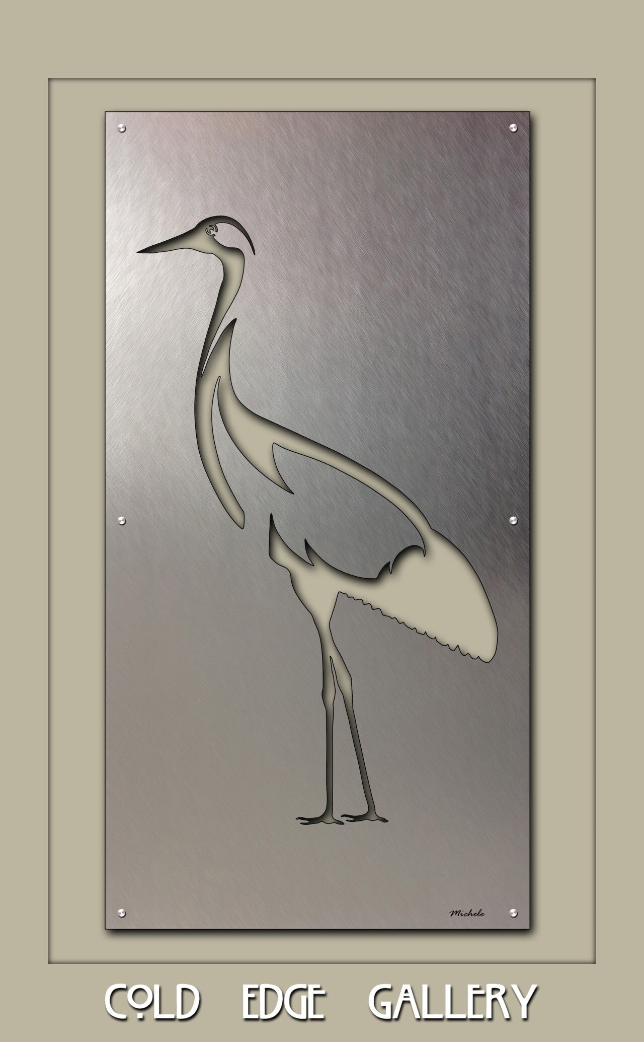 A custom metal wall art piece depicting a crane, created with intricate cut-out techniques. The artwork is elegantly displayed within a frame on a beige background with "Cold Edge Gallery" text at the bottom.