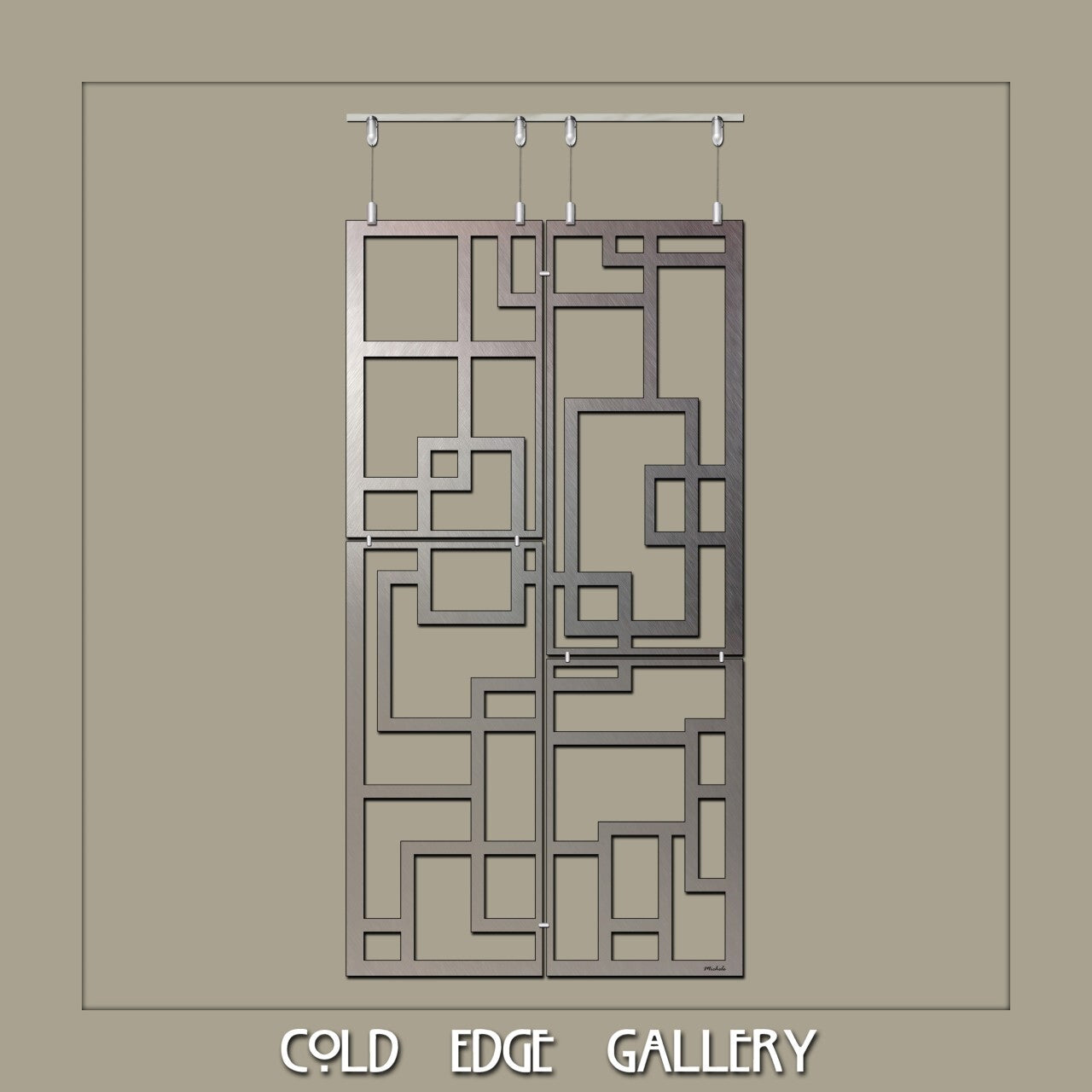 A rectangular metal wall art piece featuring a geometric pattern of interlocking squares and rectangles is displayed on a beige background with the text "COLD EDGE GALLERY" beneath it.