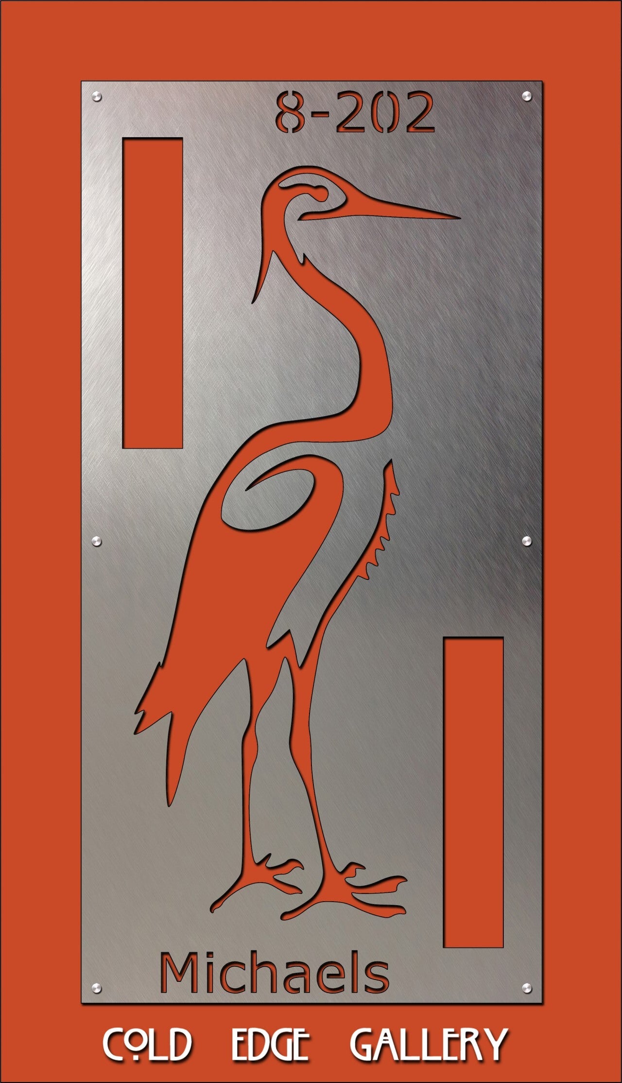 An art piece featuring an orange heron cutout on a metal background with labels "8-202" and "Michaels," and the text "Cold Edge Gallery" at the bottom.