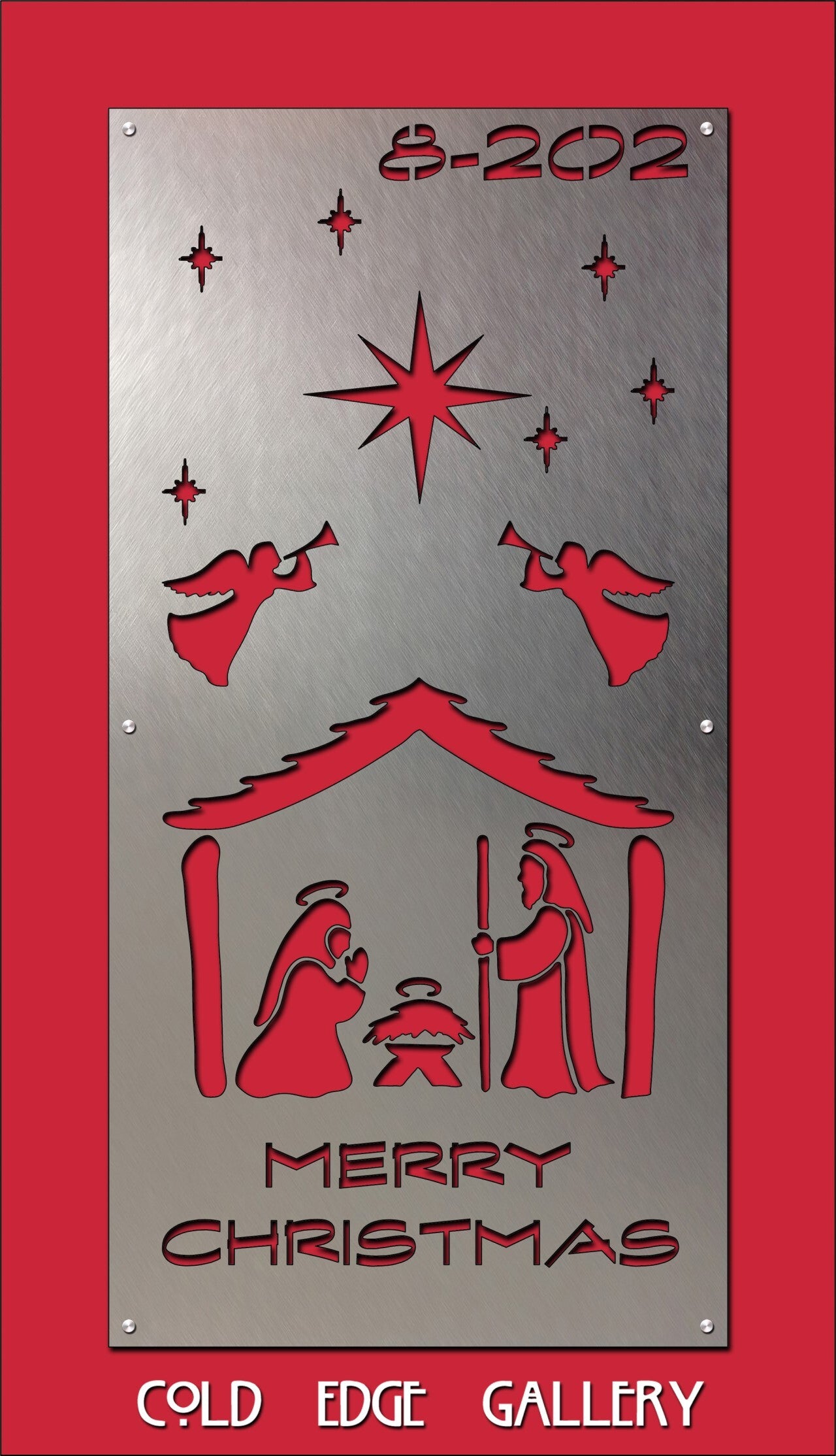 A metallic Christmas-themed plaque with cutouts featuring the nativity scene, angels, a star, and the text "MERRY CHRISTMAS." The plaque is labeled "8-202" and "COLD EDGE GALLERY.